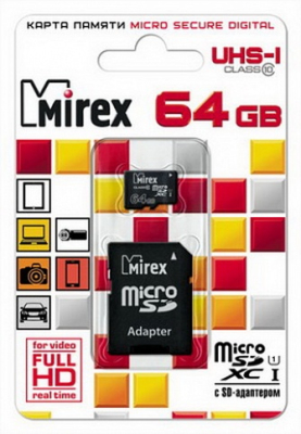 Карта памяти MicroSDXC 64 GB MIREX Class 10 +SD адаптер купить в Тюмени